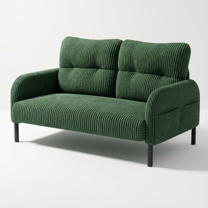 Canapé double contemporain avec revêtement en velours côtelé et poches latérales, Émeraude