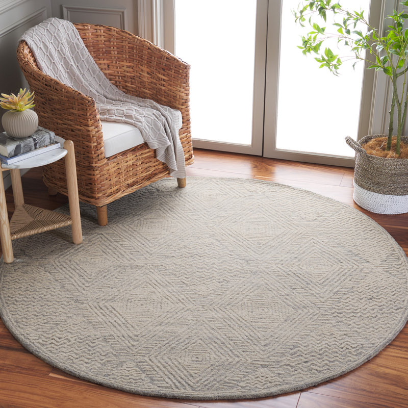 Textural Hand Tufted Wool Cotton Geometric Rug in Gray/Ivory, Round 6'