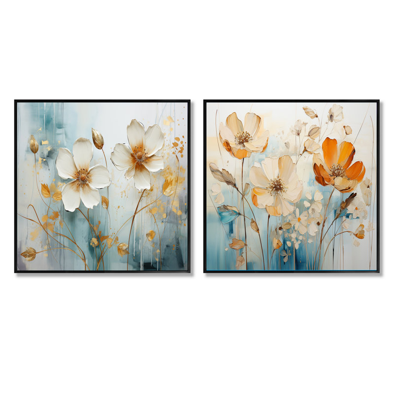 Collage botanique jaune - ensemble de 2 collages carrés botaniques abstraits, Cadre flottant noir, H 16 po x l 33 po