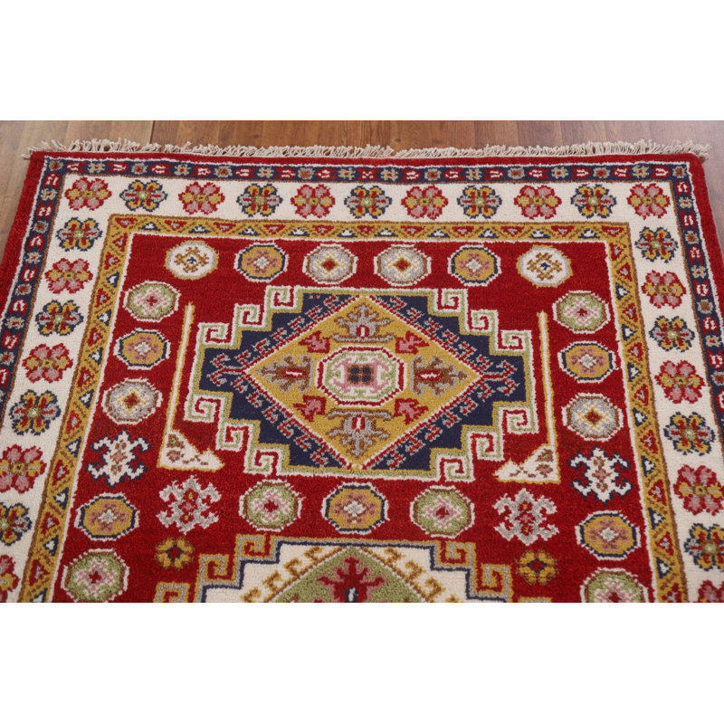 Tapis rouge Kazak en laine rouge noué à la main 4 x 6