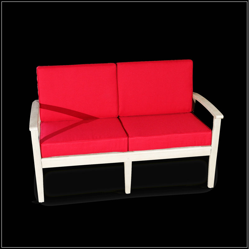 Causeuse d'extérieur en eucalyptus avec assise profonde et coussins bourgogne durables pour une détente confortable