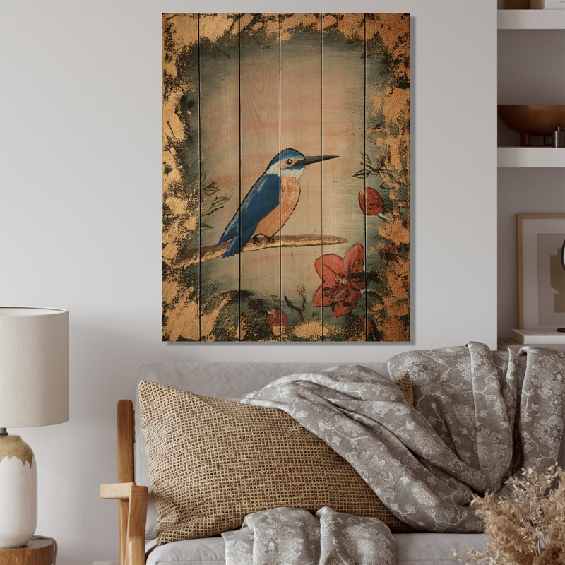 Martin-pêcheur argent moderne - peinture sur bois sans cadre, H 40 po x l 30 po x P 1 po