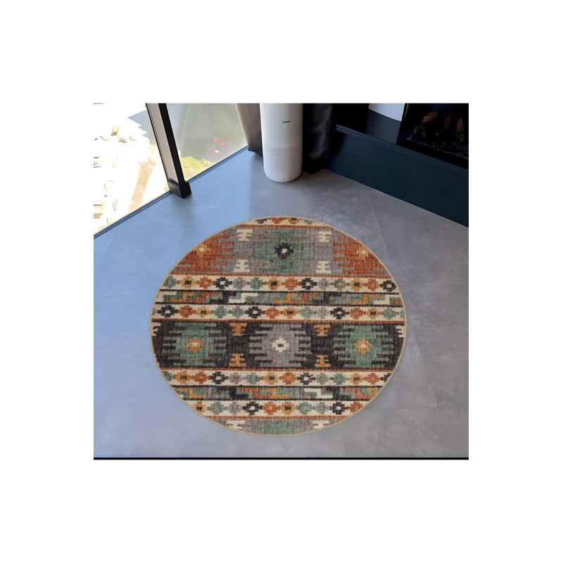 Multicolored Ethnic Motif Traditional Patterned Round Woven Base Vintage Decorative Carpet, Round 3'4"