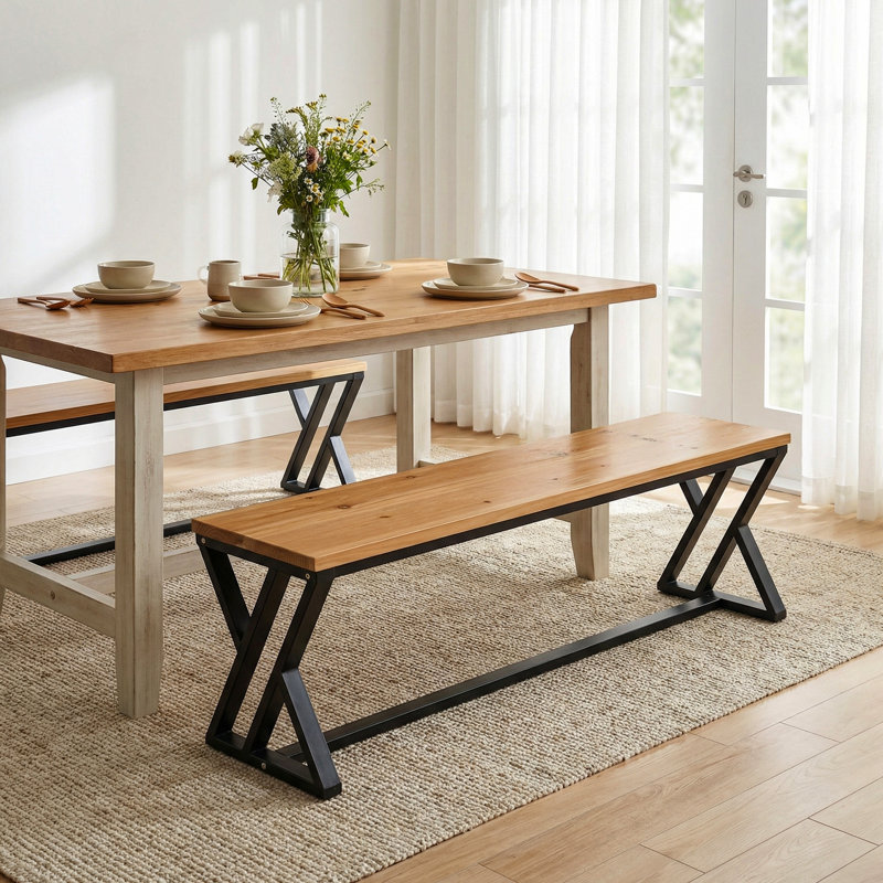 55" Solid Wood Dining Bench With Metal Legs For Kitchen, Dining Room