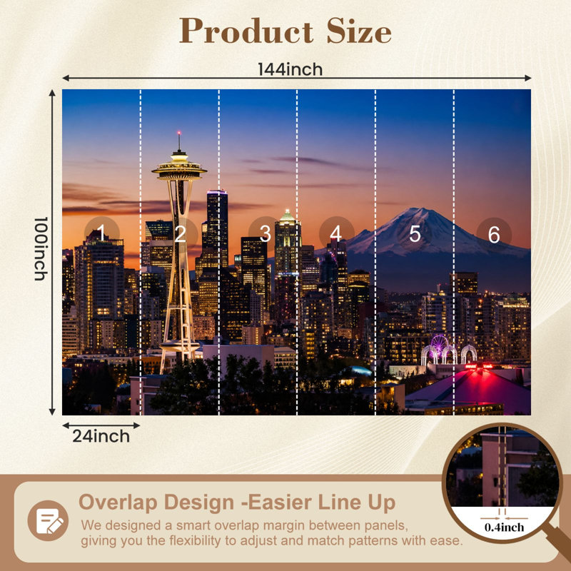 Papier peint auto-adhésif Seattle Skyline Night Mt Rainier Distance, L 100 po x l 12 po