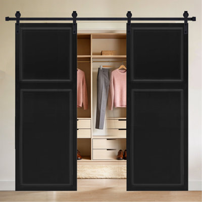 Double 2 panneaux modernes 80 po x 32 po Porte de grange coulissante en bois de noyer noir avec ensemble de quincaillerie