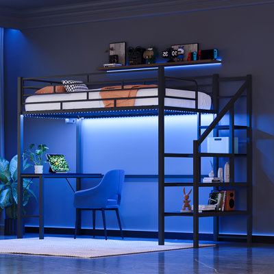 Lit mezzanine simple en métal noir avec bureau, station de charge, éclairage à DEL, robuste, escalier, tablettes de rangement