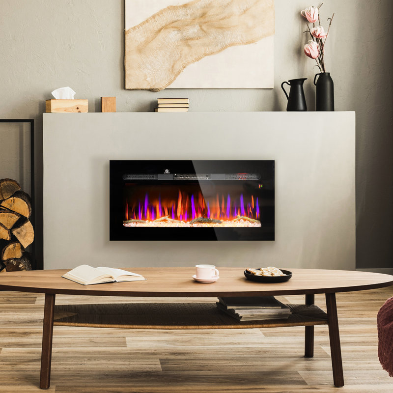 Foyer électrique 1500 W de 1500 W - encastré et mural, minuterie 8H, luminosité de flamme réglable, cristal de bûche, acier noir, chaleur sécuritaire 1500 W, télécommande, couleur silencieuse