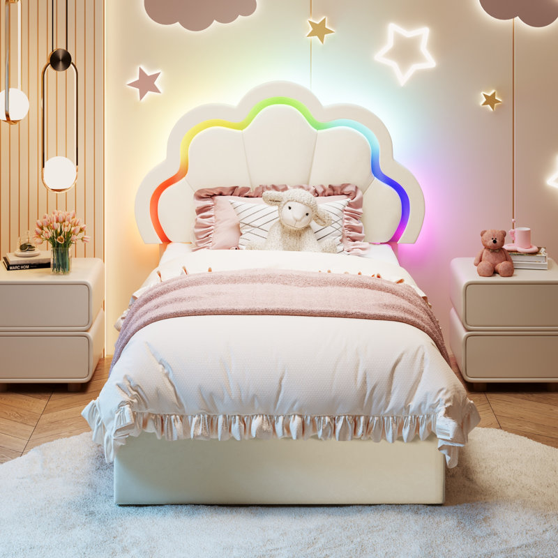 Lit plateforme pour enfant en velours avec tête de lit réglable à DEL RVB en forme de pétale et tiroir de rangement pour chambre d'enfant