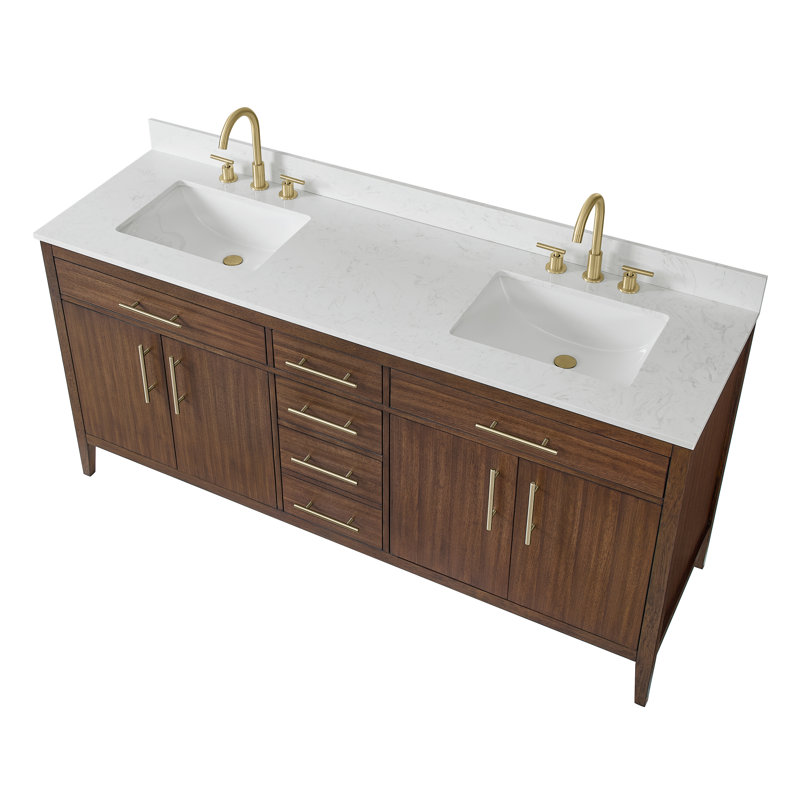 Ensemble de vanité double de 183 cm (72 po) entièrement assemblé, avec comptoir et dosseret en marbre reconstitué.