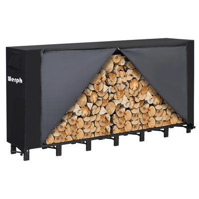  Outdoor Firewood Rack with Waterproof Cover, Heavy Duty Steel Log Storage Rack with Air Vent & Handles, Large Capacity Wood Holder for Patio Backyard Fireplace,8FT