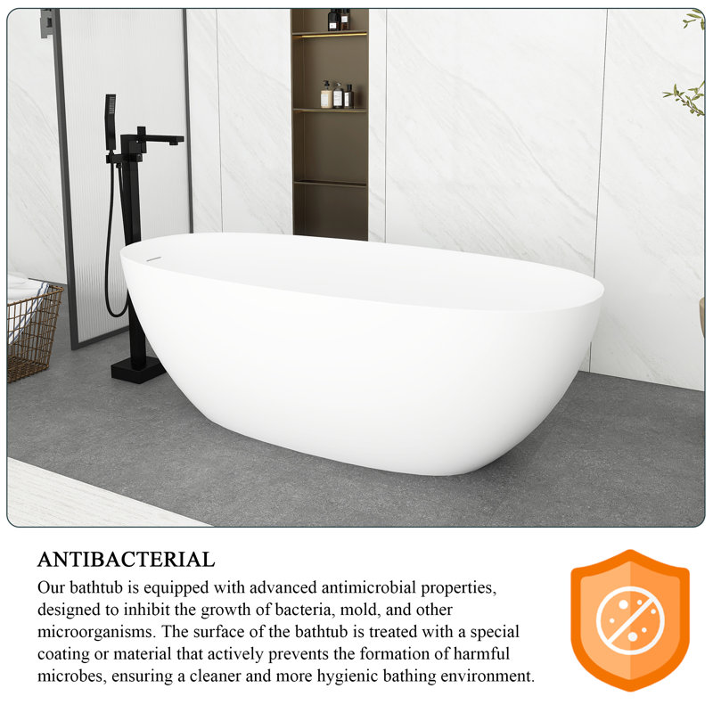 65'' Matte White Freestanding Solid Surface Soaking Bathtub