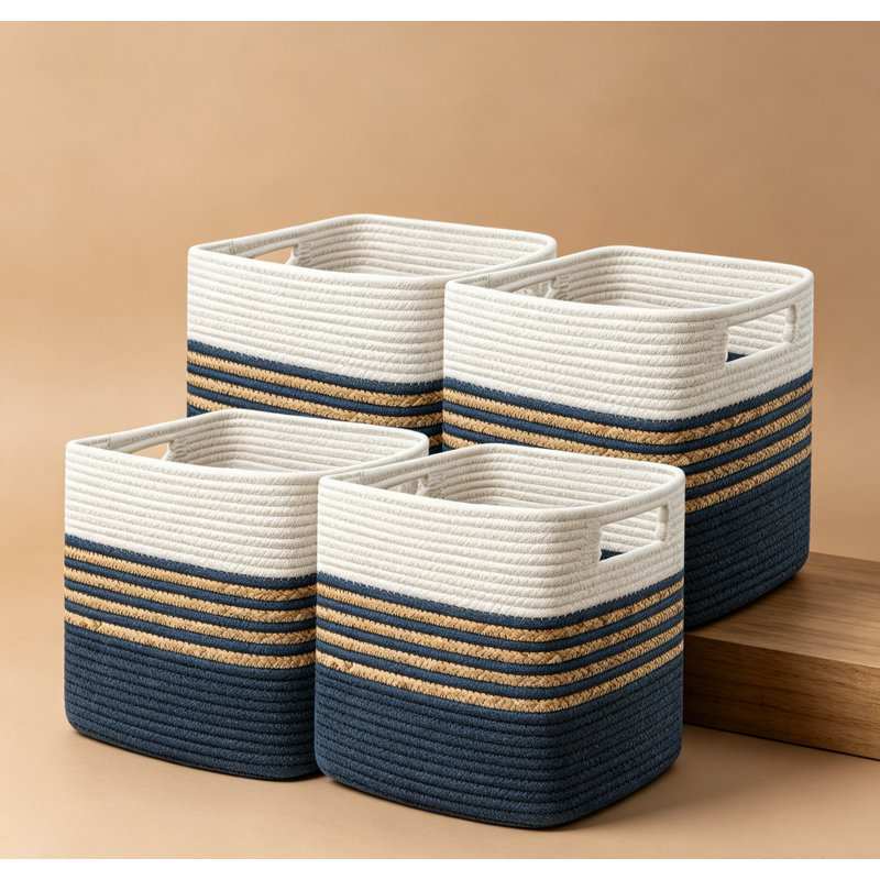 4 Pack Hyacinth Woven Storage Cubes, 11 X 10.5 X 10.5 Inch Cotton Rope Baskets With Handles, Woven Organizer Bins For Shelves, Toys, Books, Home Storage
