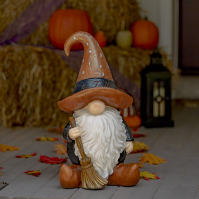Halloween Garden Gnome Warlock with Broom and Brown Hat "The Hobgoblins"