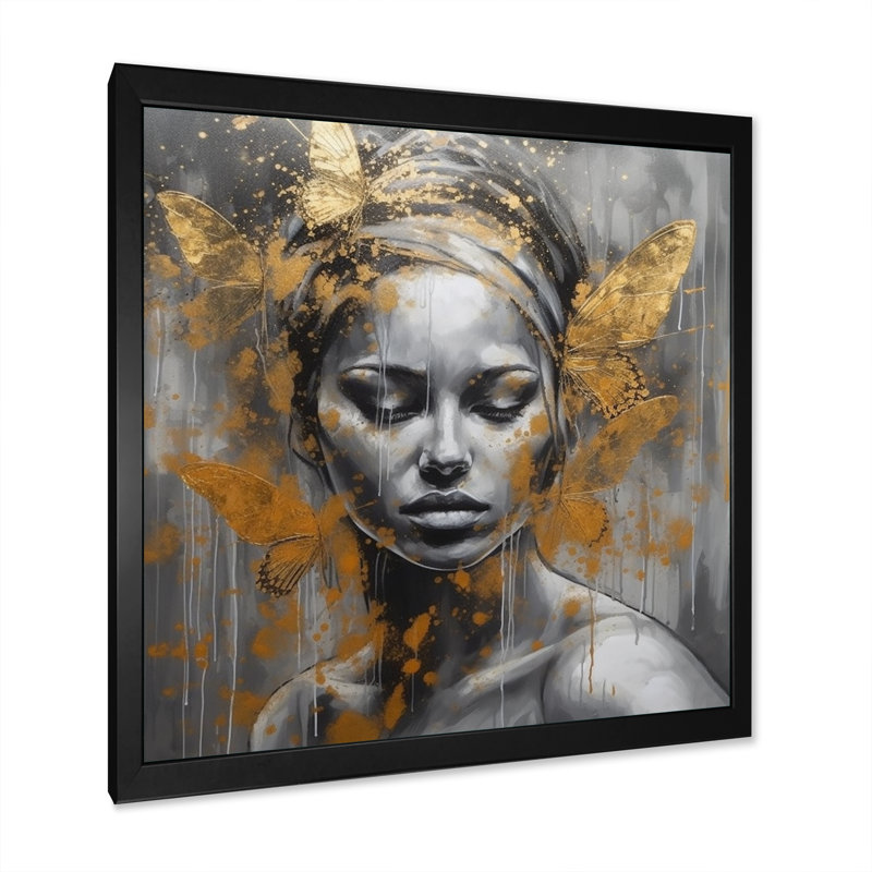 Flying Butterflys In Gold, reproduction d'art sur toile, Cadre noir, H 16 po x l 16 po x P 1 po