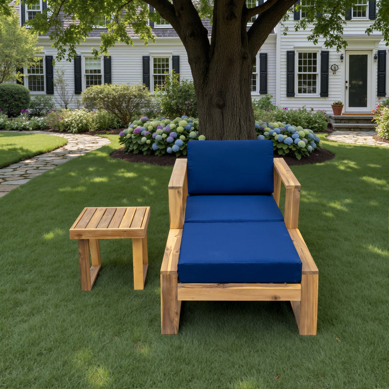 Ensemble de salon d'extérieur moderne 3 pièces en bois d'acacia avec coussins de siège profond, chaise de patio avec repose-pieds et table d'appoint