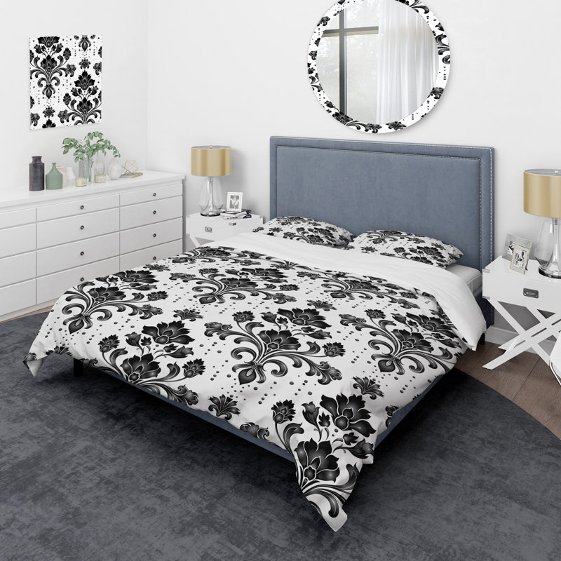 Ensemble de housse de couette transitionnel noir et blanc damassé Tradition I