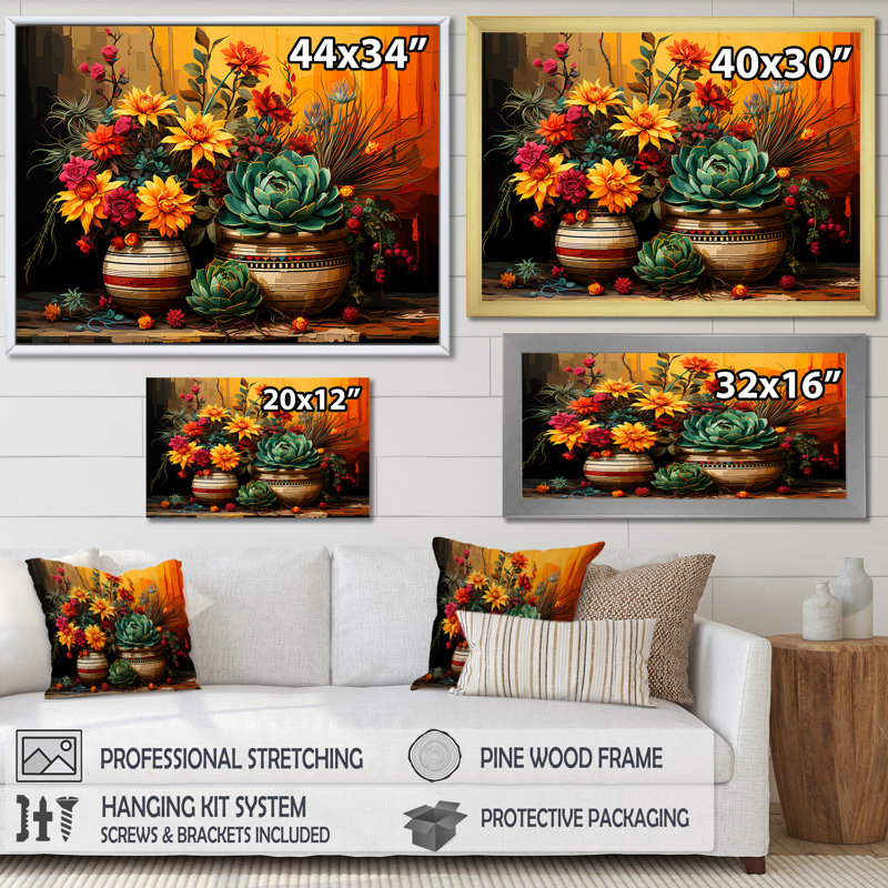 Boho, poterie florale mexicaine, H 16 po x l 32 po x P 1 po, Cadre d'angle fermé noir