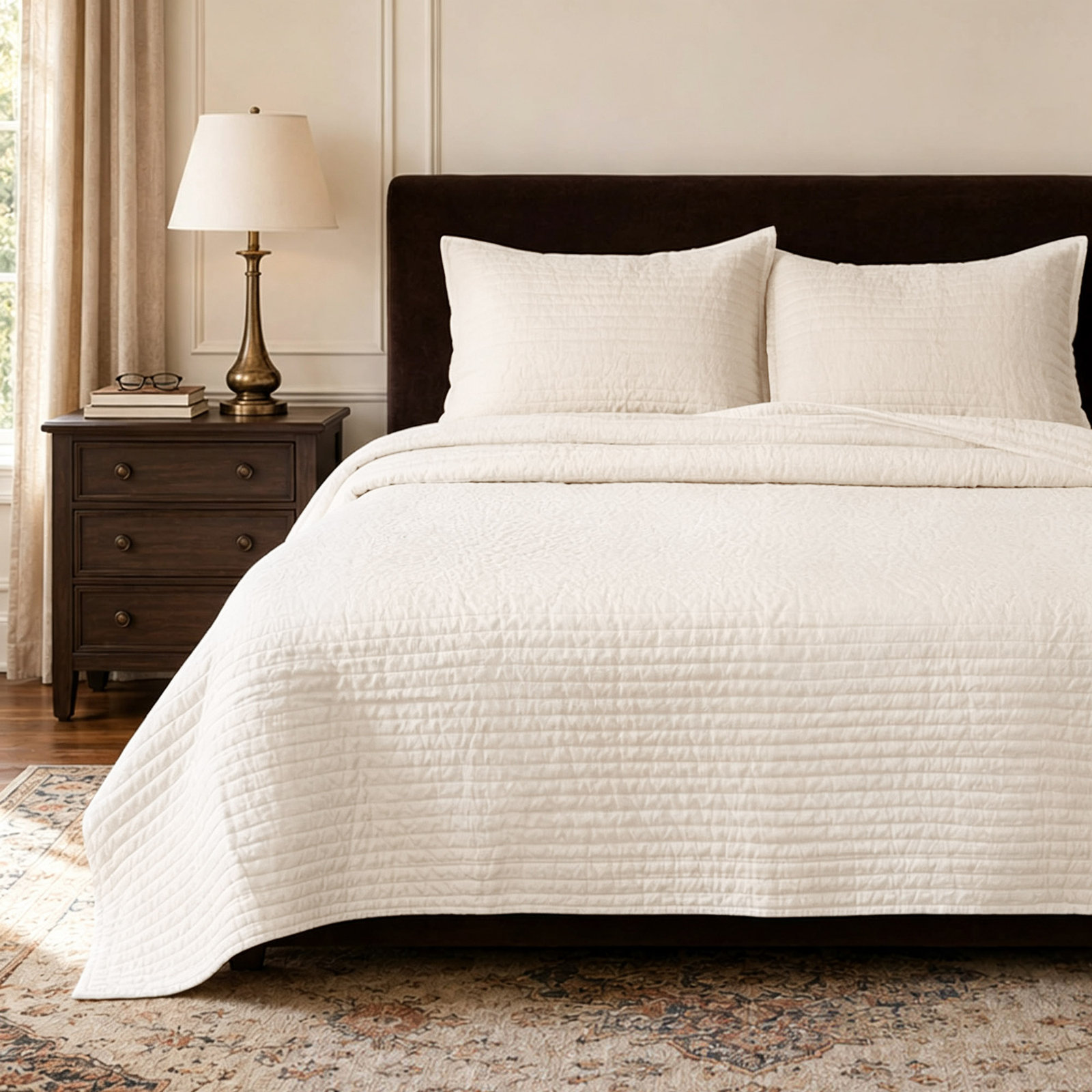 100% French Linen Channel Quilted Breathable Quilt Set With Shams, Queen Quilt + 2 Standard Shams, Eggnog
