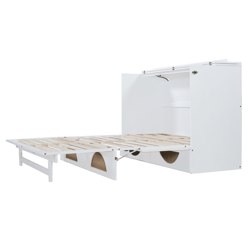 Lit escamotable avec grand tiroir, ports USB et prises USB, Blanc, Grand lit