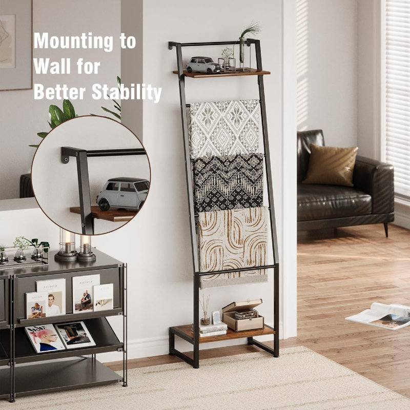 6-Tier Ibrahim With Shelf Rustic Brown And Black, 59-Inch Wall-Leaning Farmhouse Rack For Organized Storage, Freestanding Design Enhances Bathroom Decor, Space-Saving For Small Rooms With Adjustable Feet