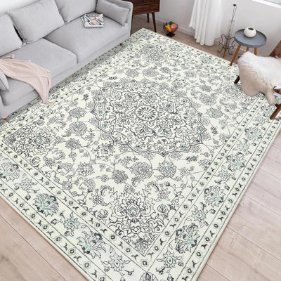 Tapis médaillon rétro vieilli, tapis floral boho antidérapant lavable pour le salon, la chambre à coucher, la salle à manger