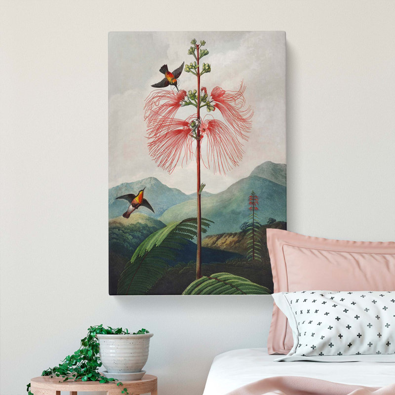 Flowering Plant And Birds by R.J. Thornton - Wrapped Canvas Painting, 60cm H x 40cm W x 3cm D