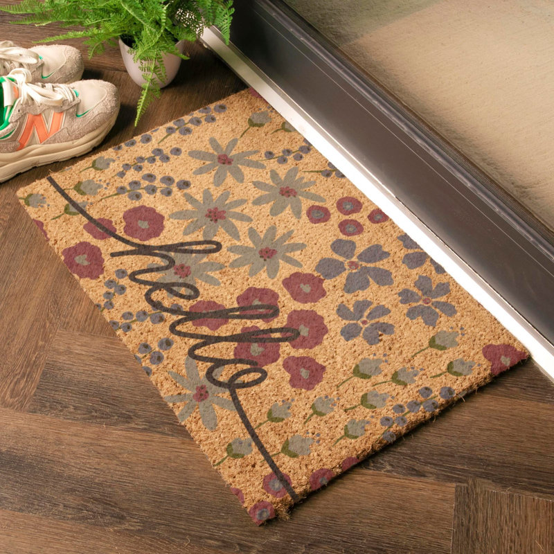 Hello Scribbly Floral Coir Doormat, Dark Brown, 40cm W x 60cm L