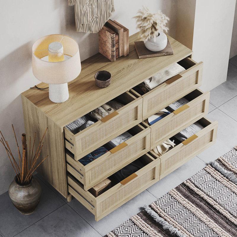 Aimara Rattan 6 Drawer Dresser for Bedroom, Wood Dresser & Chest of Drawers with Metal Handles, Natural