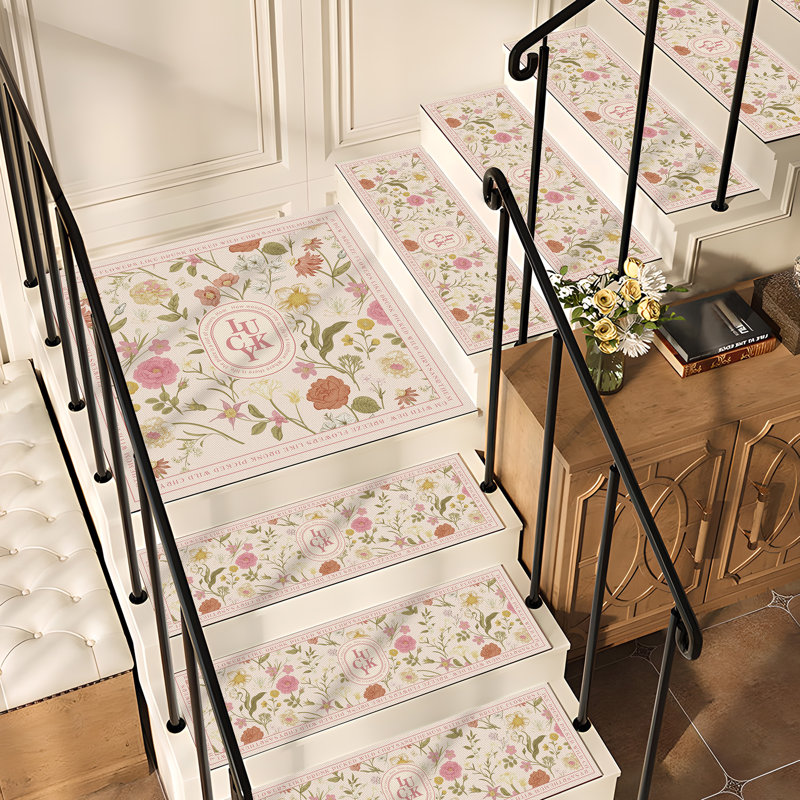Tapis d'escalier antidérapants pour la maison - Patins auto-adhésifs, Beige / rose clair floral