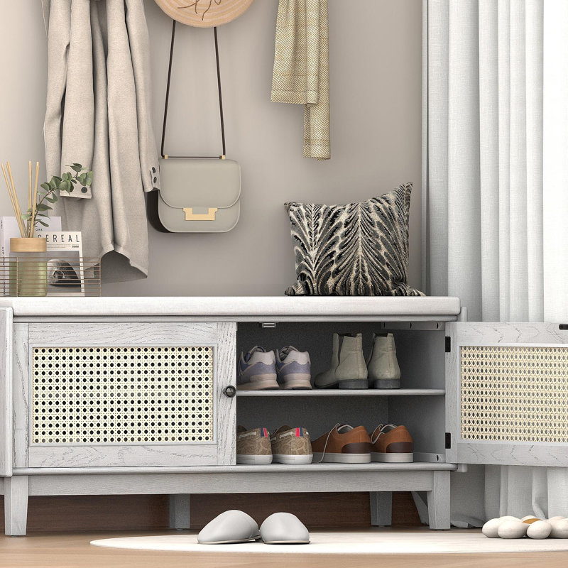 Banc de rangement en rotin avec rangement Boho, Gris délavé