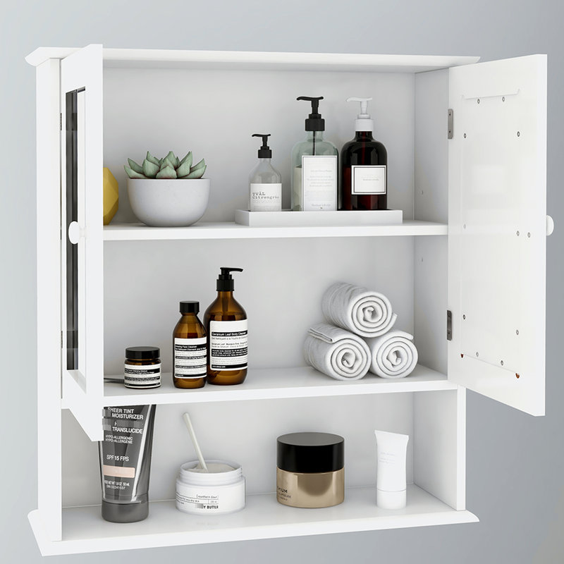 Élégante armoire murale de salle de bain avec portes à double miroir - tablettes réglables fonctionnelles peintes en blanc et peu encombrantes Instructions d'assemblage incluses Espace facile à assembler