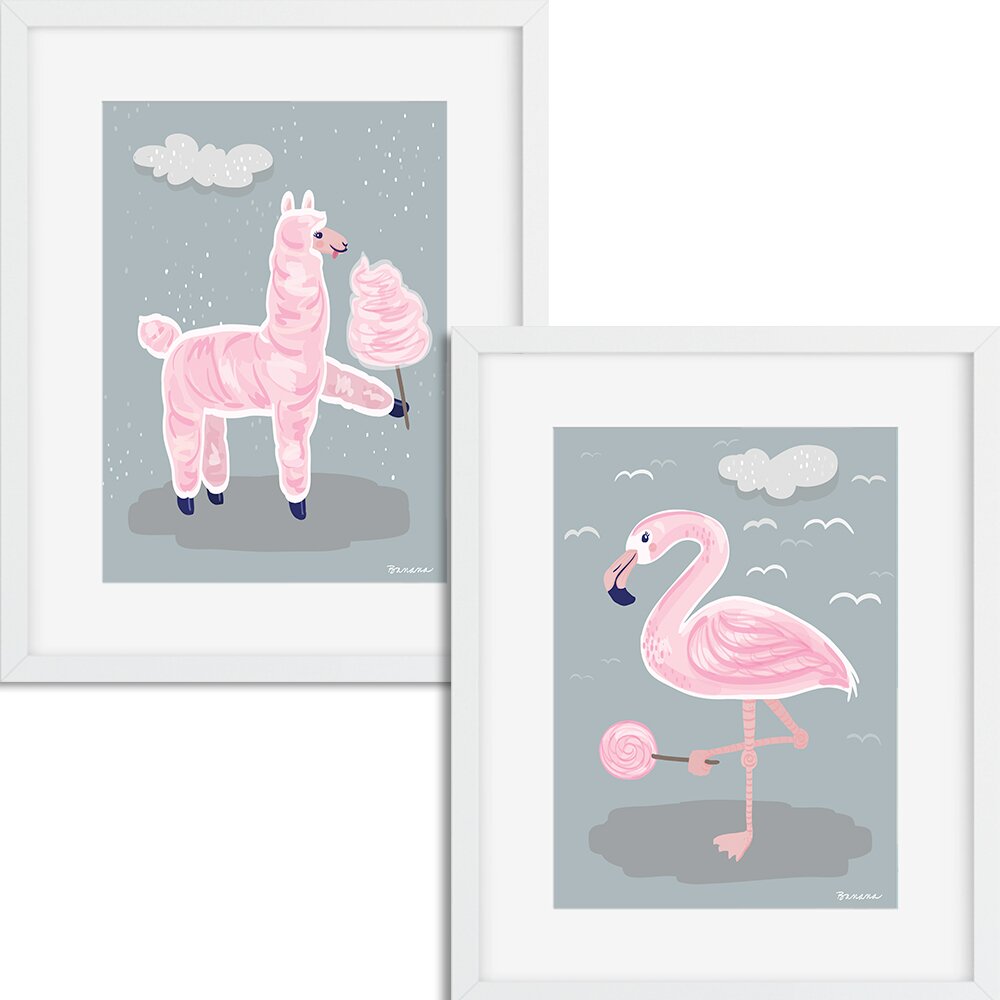 2-tlg. Set Gerahmte Wanddekoration Lama und Flamingo