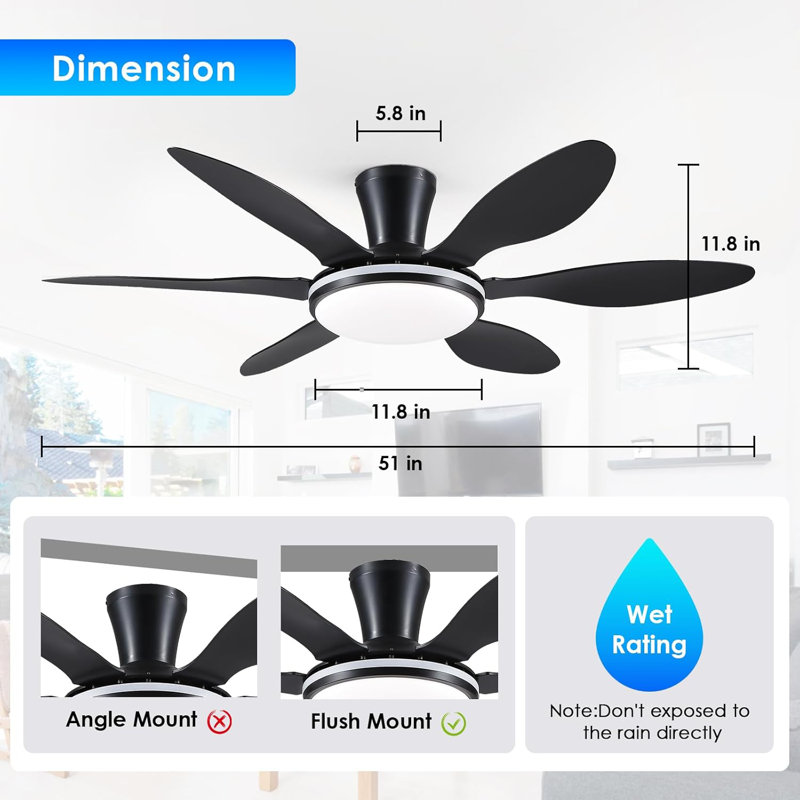 Ventilateur de plafond 51 "avec lumière, Noir, Couleur simple, Noir
