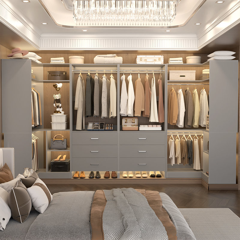  112.5" Closet System with Wooden Drawers and Hanging Rods, Gray