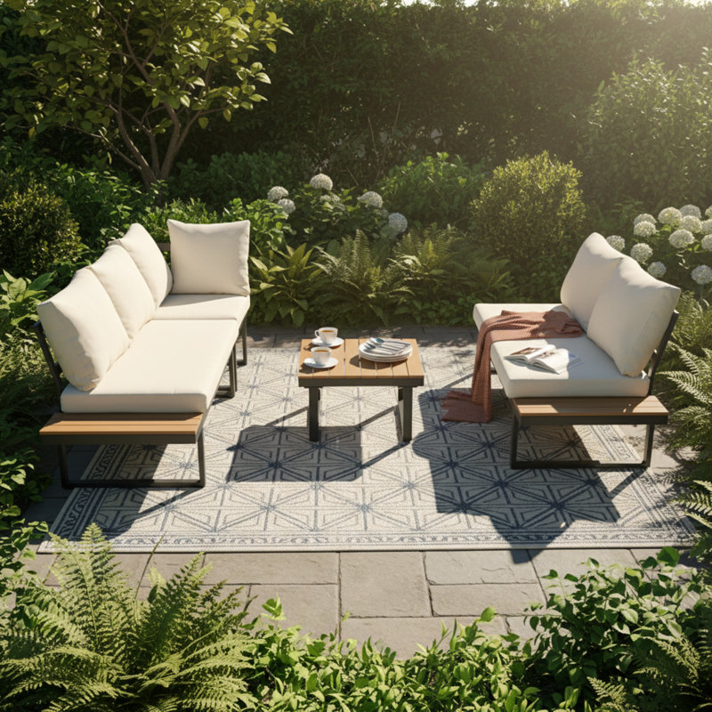 Modular Garden Corner Sofa Set And Table With Cushions, Beige