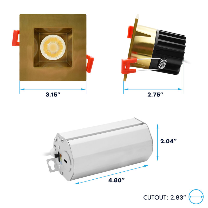 Luxrite 2 po Lumière DEL sans lumière à DEL avec garniture interchangeable carrée en laiton, 5CCT, CRI90, 8W, 600LM, faisceau 38 °, à intensité variable, 120V, homologué ETL