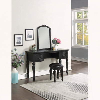Ensemble coiffeuse classique en bois avec miroir sculpté et tiroirs