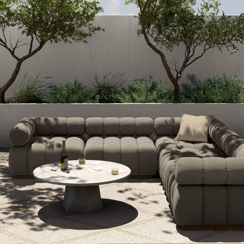 Roma Outdoor 5Pc Sectional-Hayes Cream, Faye Ash Cushion/Natural Teak Frame