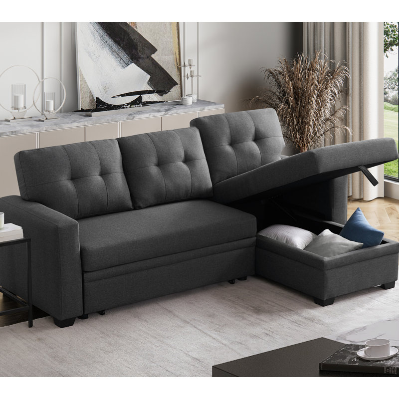 Canapé modulaire convertible rembourré avec méridienne coulissante, Lin gris foncé, Orienté à droite