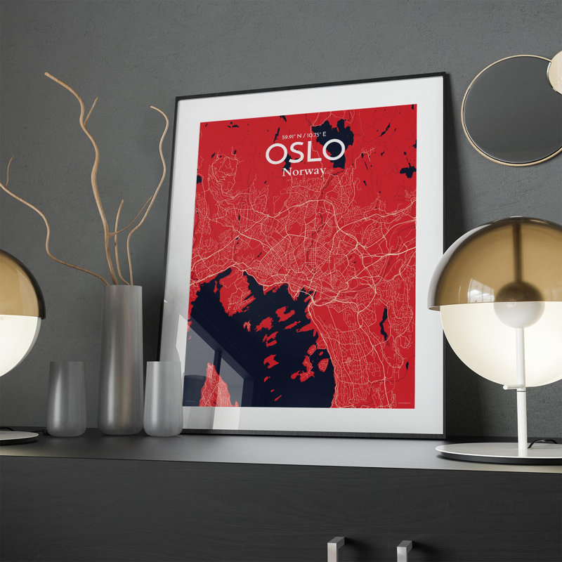 Oslo, carte de la ville, impression, Rouge / bleu marine, H 24 po x l 18 po