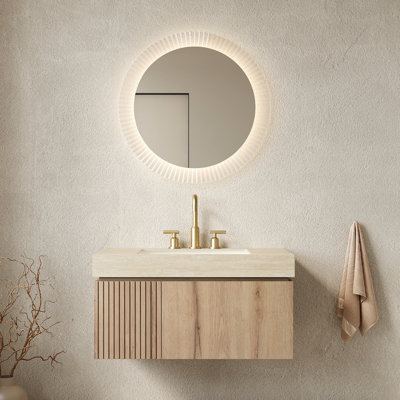Meuble-lavabo flottant de 36 po et lavabo en céramique, comptoir en pierre frittée, armoire en contreplaqué avec porte de tiroir, 3 trous de robinet pré-percés, assemblé, résistant, chêne blanc, lavabo à fermeture en douceur,