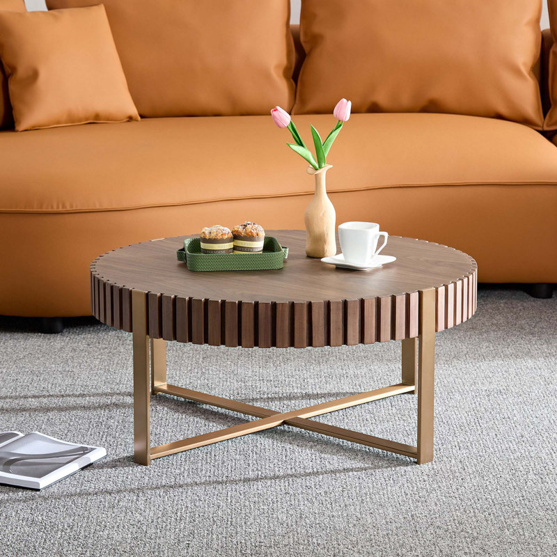 Walnut and Gold 31.5" Round Drum Coffee Table with Stainless Steel Pedestal