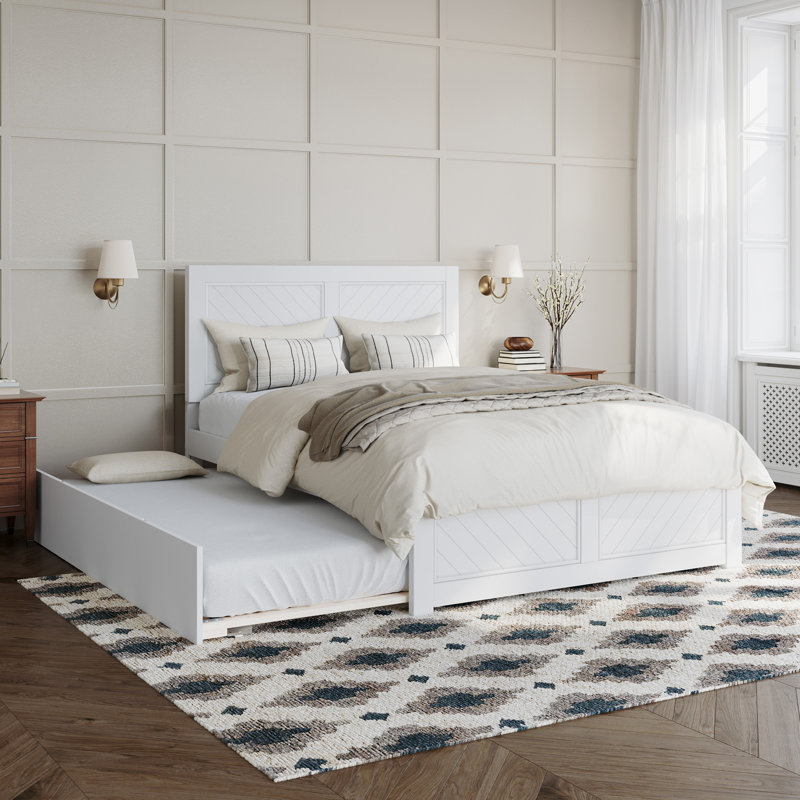 Jeinny Solid Wood Platform Bed with Matching Footboard & Trundle, White, Full