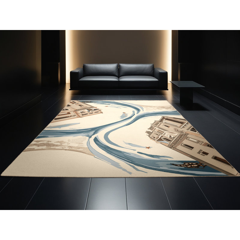 Tapis arc de bord de mer beige à motif de canaux lavables à la machine Paizlei, 5x7