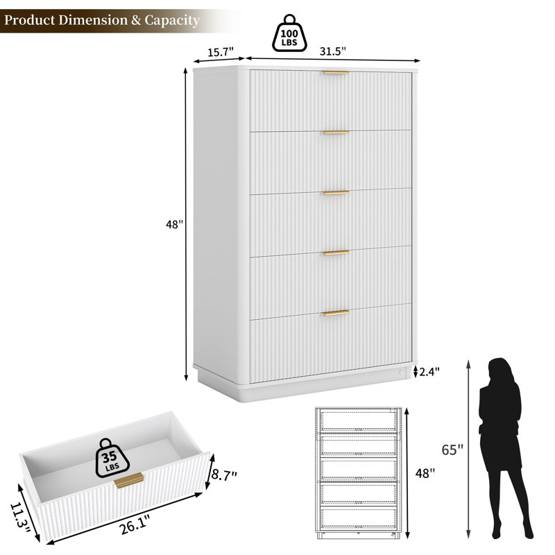 Commode cannelée de 31,5 po de largeur avec éclairage et commode pour chambre à coucher avec 5 tiroirs, Blanc