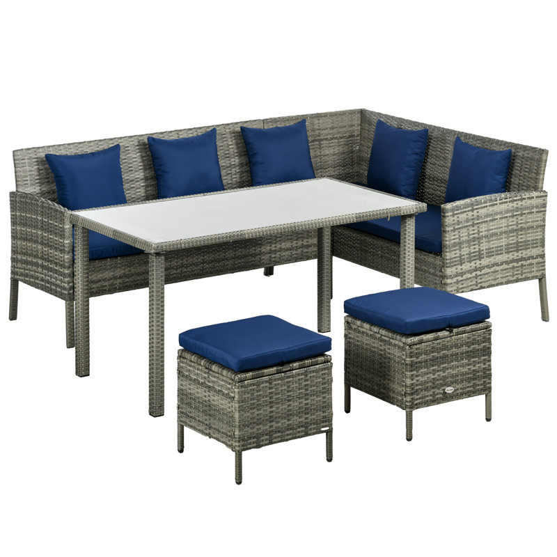 Ensemble de conversation avec canapé en rotin 5 pièces Naydeline, Bleu marine, Gray
