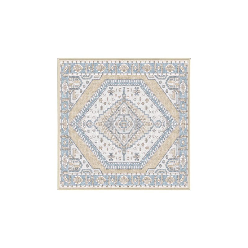Tapis bleu / beige en chenille / polyester tissé à la main Marce, Carré 5 pi