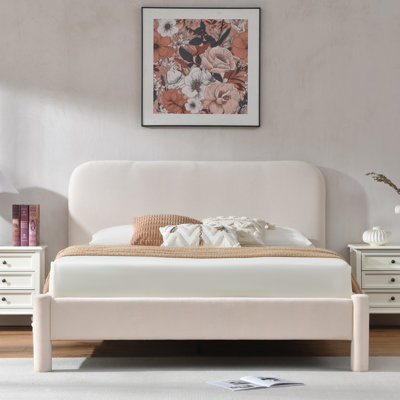 Reigen Curved Headboard Upholstered Platform Bed With Soft Rounded Corners,Beige,Queen
