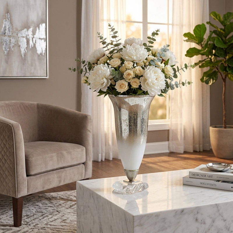 Glass Aluminum Metal Vase Glam Style Single Decorative Accent Piece with Elegant Flared Design and Textured Pedestal Base for Modern Aesthetic and Sophisticated Display in Home Decor Settings
